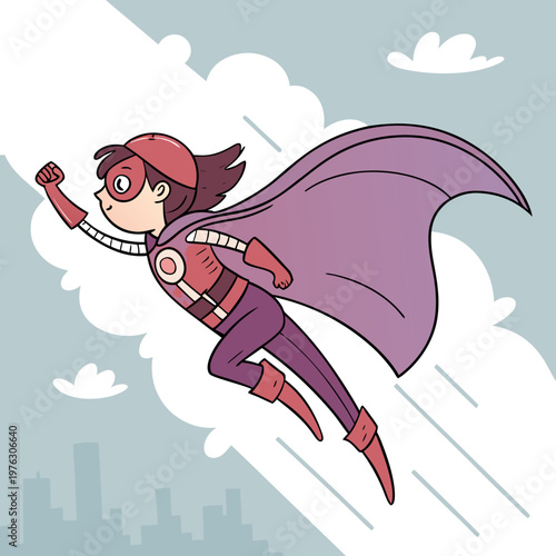 Cartoon superhero girl flying over city with superhero illustration childhood imagination adventure superpowers achievement overcoming