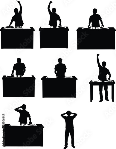 DJ silhouette set, music performance, nightclub party vibe, disc jockey mixing, entertainment concept, audio equipment, nightlife energy, dance culture