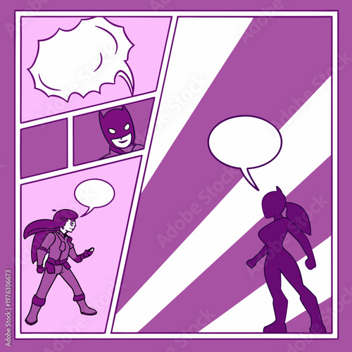 Comic book panel with two superheroes one in a mask and cape the other in a futuristic suit facing each other with speech bubbles superhero illustration character dialogue narrative sequential