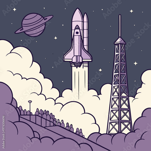Space shuttle launching from a launchpad with a planet and stars in the background spacecraft launchpad universe exploration astronomy transport technology illustration stylized monochrome