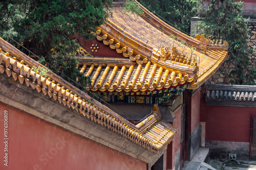 Obraz na plátně A close-up view showcases the ornate golden-yellow glazed tile roofs with intricate dragon and mythical creature decorations at the Summer Palace in Beijing, framed by lush green trees