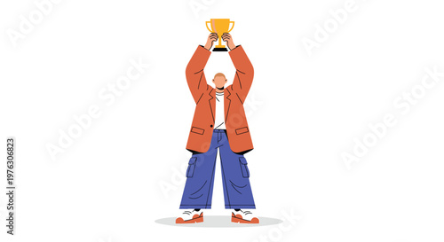 Cartoon man holding trophy, victorious character, orange jacket, blue jeans, winner concept