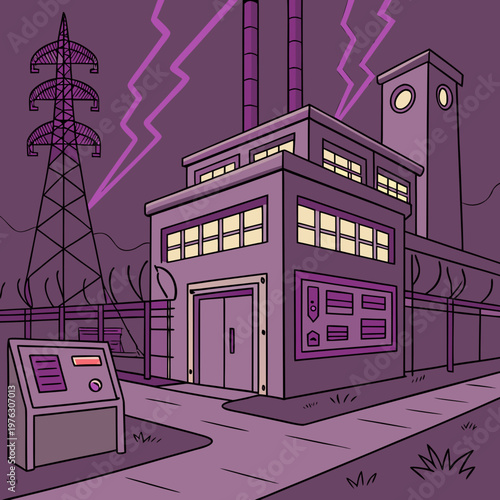 Industrial power plant with electrical tower and lightning electricity pylon electricity generation electric power industrial facility power station industrial electricity lightning industry