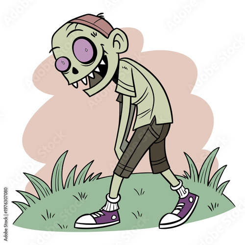 Cute cartoon zombie boy in grass with green skin purple eyes short pants character grinning illustration halloween creature outdoors sneakers stylized lighthearted
