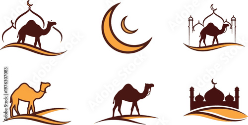 Islamic Religious Icon Set with Camel Silhouette, Mosque and Crescent Moon Illustration