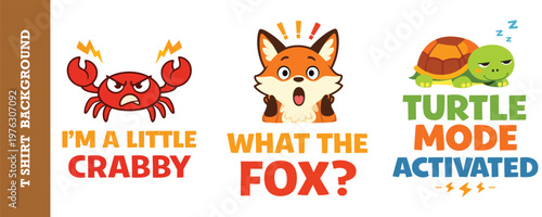Funny animal characters with playful text and quotes for children's apparel designs.