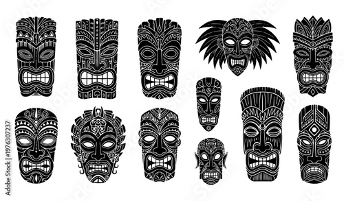 Tribal mask vector set Polynesian tiki voodoo hawaiian tahiti ceremonial illustration