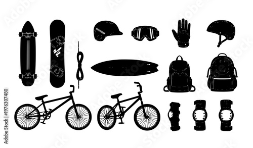 Extreme sports equipment silhouette set active lifestyle gear vector collection