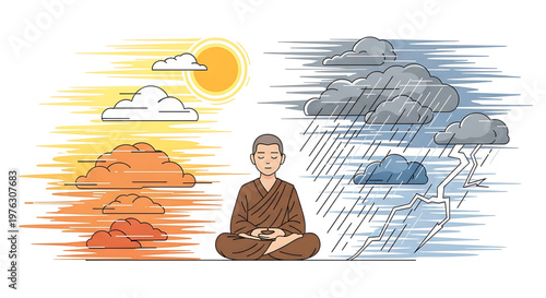 A serene Buddhist monk meditating in a peaceful environment with contrasting sunny and rainy weather conditions