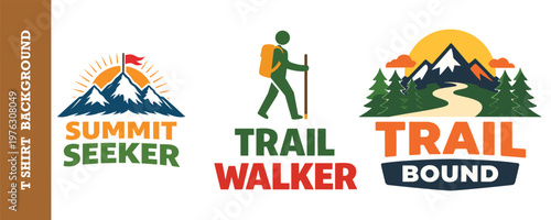 Trio of mountain hiking designs with snowy peaks backpacker silhouette and winding trails.