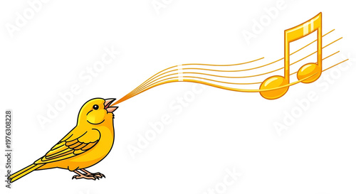 A vibrant yellow bird singing a musical note in a playful vector illustration