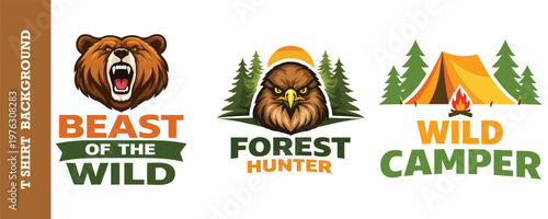 Wilderness adventure logos with grizzly bear head golden eagle and camping tent graphics.