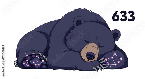 A cute cartoon bear with constellation designs on its paws and the number 633 next to it