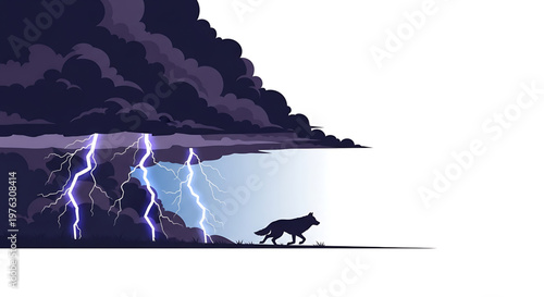 A dramatic vector illustration of a wolf walking under a stormy sky with lightning