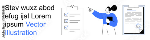 Task management, business planning, productivity, organization, checklist design, professional workflow. A person holding documents pointing at a list. Task management and business planning concept