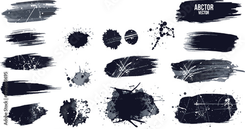 Foto Black Ink Brush Strokes and Grunge Paint Splatter Texture Vector Illustration Se
