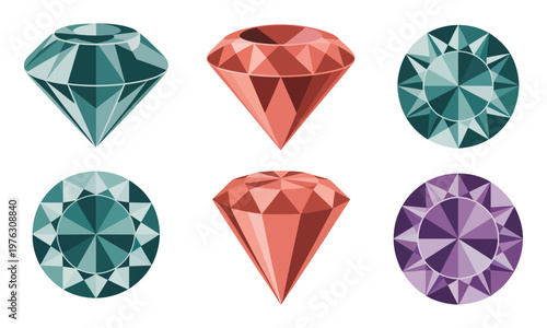 Collection of colorful diamond and gemstone illustrations on white background