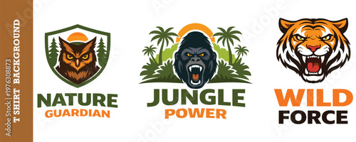 Bild auf Leinwand Wildlife t-shirt design set featuring owl, gorilla, and tiger, ideal for nature lovers