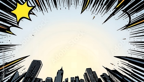 A comic book style illustration of a city skyline with a yellow star in the corner and dynamic black and yellow lines radiating from the edges