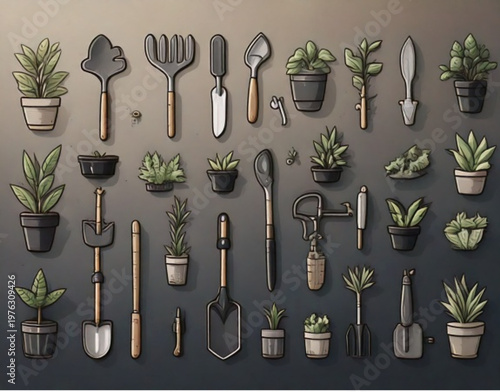 Gardening Tools and Potted Plants Arranged Artistically.