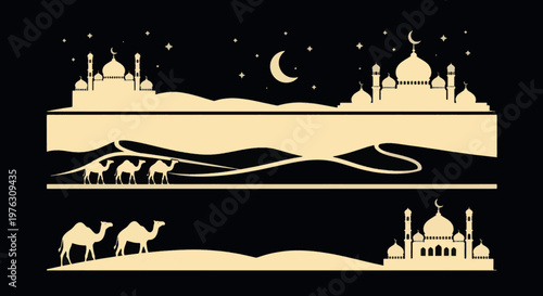 Islamic Desert Landscape Banner Set with Mosque Silhouette, Camels and Crescent Moon at Night