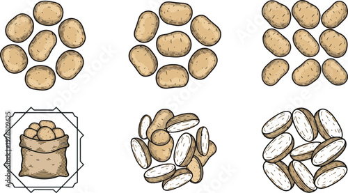Raw Organic Potato Vector Illustration Set with Whole, Sliced and Sack of Potatoes