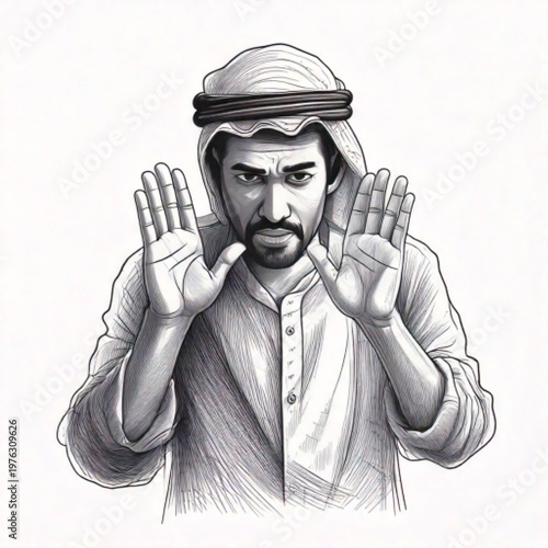 Man in traditional clothing with hands raised.