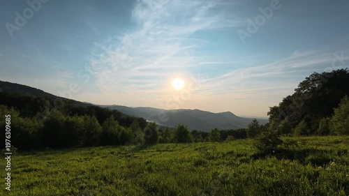 Front view of beautiful and magnificent sunset in evening during summer season on empty deserted meadow near thin wide forest with cloudy sky.  Concept of nature and scenery
