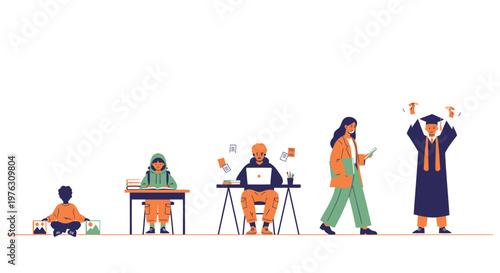 Graduation, education, people icons, flat design, colorful illustrations, academic achievement, students, graduates