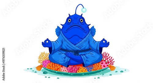 A blue fish wearing a robe sits in a meditative pose on a coral reef