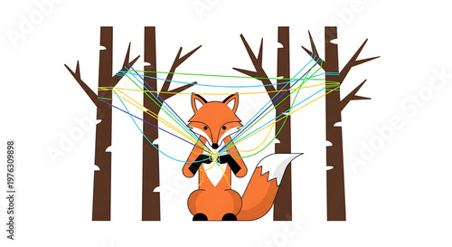 A cartoon fox entangled in colorful strings amidst bare trees in a whimsical forest scene