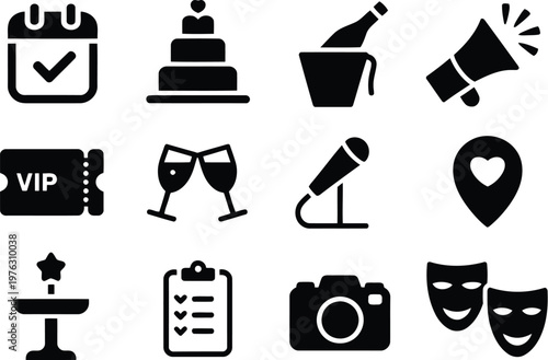 Event planning and entertainment venue icons in flat black silhouette style