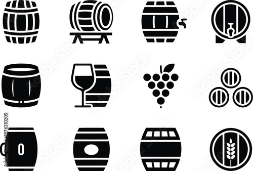 Wine brewery and alcohol fermentation icon set in black silhouette