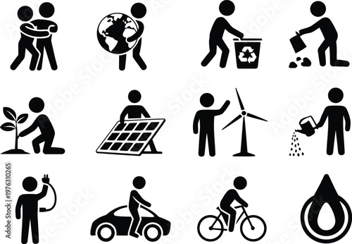 Environmental protection and sustainable lifestyle silhouette icon collection