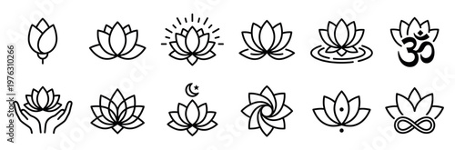 Lotus flower icons collection representing spiritual growth, meditation, yoga, and wellness in various line art styles.