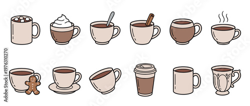 Seamless pattern of hand-drawn hot beverages in various mugs and cups, including cocoa, coffee, and tea, with cozy winter elements.
