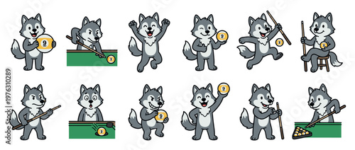 Cartoon wolf characters playing billiards, holding cue sticks and 9-balls, showing various emotions like happiness and concentration in a fun vector illustration.