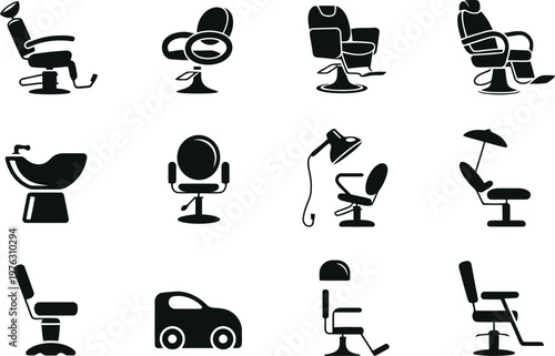 Barber shop and beauty salon furniture silhouette icon set for professional use