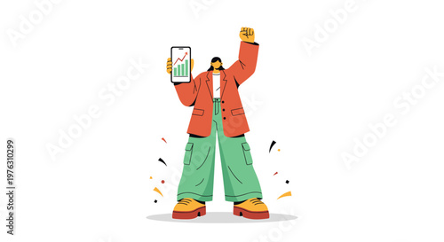 Celebratory man, victorious person, happy winner, colorful illustration