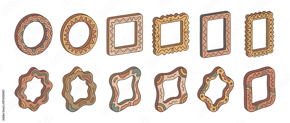 Naklejka premium Collection of various decorative frames in different shapes and sizes, featuring a unique boho-style pattern and isometric perspective.