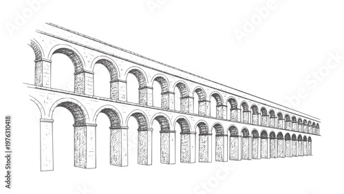Ancient Roman aqueduct structure with double arches and stone pillars architecture