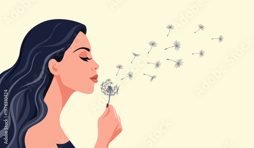 Profile of a beautiful young woman with closed eyes blowing dandelion seeds. Illustration. 