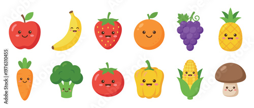 Cute cartoon fruits and vegetables with happy smiling faces arranged in a colorful collection for healthy eating concepts.