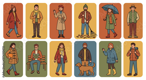 Autumn people characters engaged in various seasonal activities, dressed in warm clothing, enjoying the fall weather and outdoor pursuits.