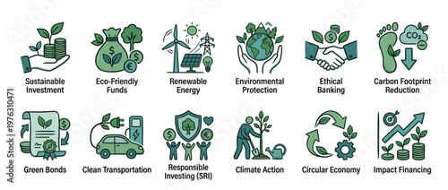Sustainable development icons illustrating eco-friendly business practices, green finance, renewable energy, and environmental protection concepts.
