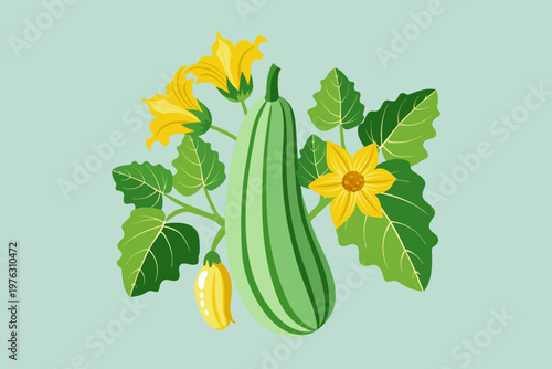 Zucchini plant with flowers and leaves. Agriculture illustration.