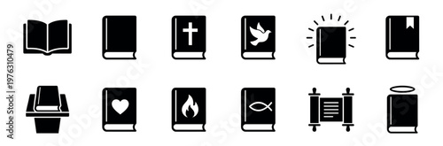 Religious books icons set with various spiritual symbols representing faith, knowledge, and sacred texts in a modern glyph style.