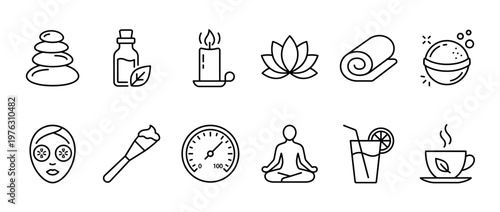Spa wellness relaxation beauty icons featuring essential oils, candles, lotus flowers, bath bombs, face masks, and meditation symbols.
