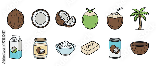 Coconut and various coconut products, including milk, oil, soap, and a palm tree, depicted in a charming cartoon style.