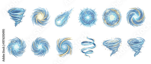 Stylized blue swirling wind and water elements, including tornadoes, whirlpools, and energy spheres, in a dynamic vector illustration set.